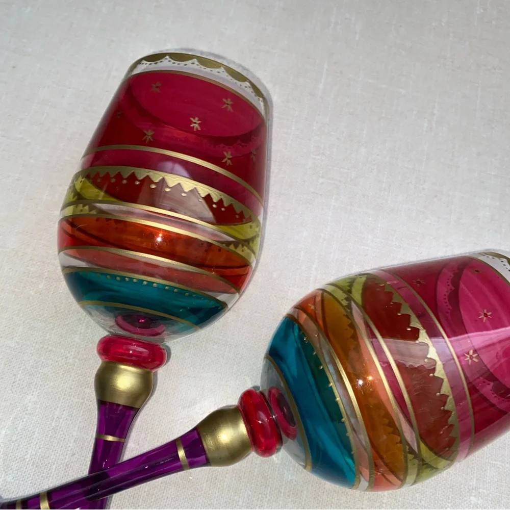 Pier 1 Festive Holiday Stripe Red Gold Purple Blue Wine Glass Set Hand‎ Painted